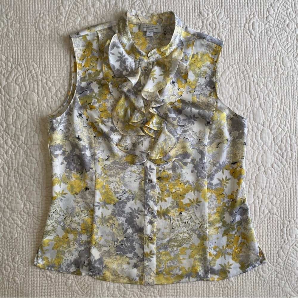 TAHARI Arthur S. Levine Yellow Gray Floral Sleeveless Front Ruffle Blouse Sz MP